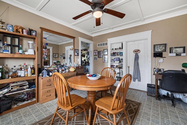 721 N St, Lake Geneva, WI 53147 - dining space featuring a ceiling fan, crown molding, and visible vents