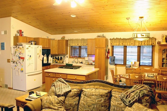 1885 20th Ave, Arkdale, WI 54613 - kitchen with freestanding refrigerator, wooden ceiling, brown cabinets, light countertops, and a sink