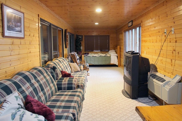 1885 20th Ave, Arkdale, WI 54613 - carpeted bedroom featuring wooden walls, wooden ceiling, and recessed lighting