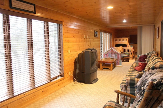 1885 20th Ave, Arkdale, WI 54613 - living area featuring carpet, wooden ceiling, wood walls, and recessed lighting