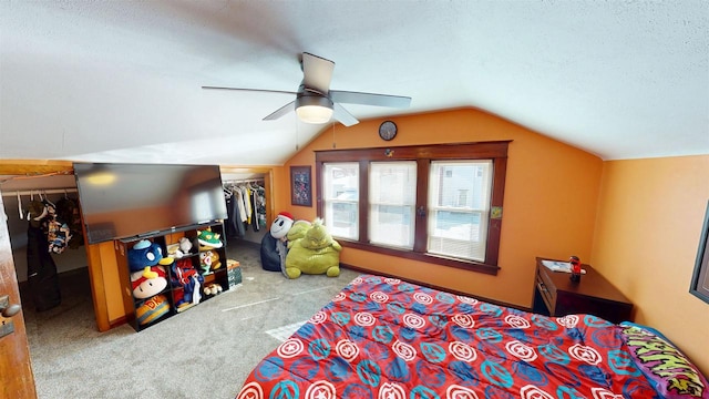 813 Main St, Black River Falls, WI 54615 - carpeted bedroom with a walk in closet, vaulted ceiling, a textured ceiling, ceiling fan, and a closet