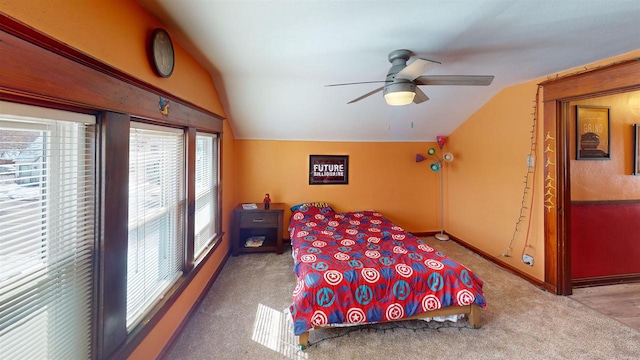 813 Main St, Black River Falls, WI 54615 - bedroom with baseboards, lofted ceiling, ceiling fan, and carpet