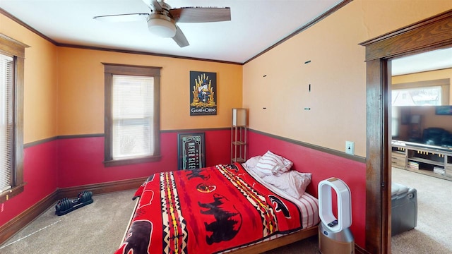 813 Main St, Black River Falls, WI 54615 - bedroom with baseboards, ceiling fan, ornamental molding, and carpet flooring