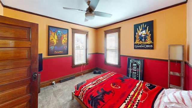 813 Main St, Black River Falls, WI 54615 - bedroom featuring baseboards, carpet flooring, a ceiling fan, and crown molding