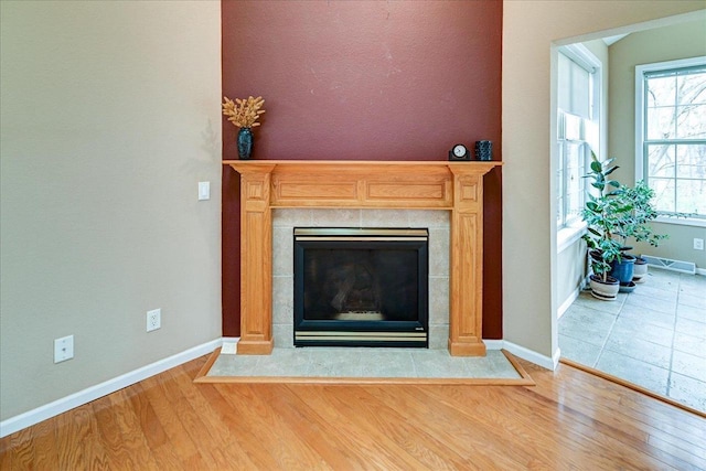 room details featuring baseboards, wood finished floors, and a fireplace