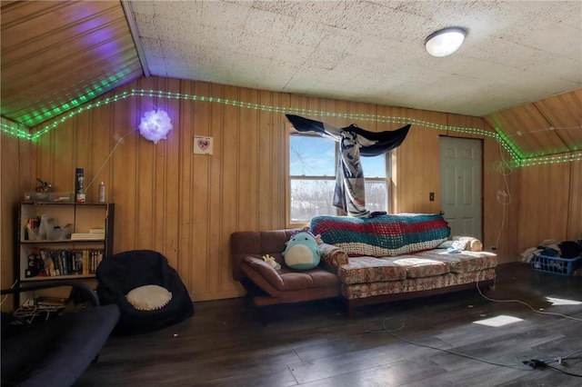 905 Lewis Ave, Cameron, WI 54822 - living area featuring wood walls, lofted ceiling, and wood finished floors