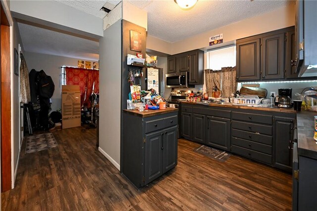 301 Summit St, Spooner, WI 54801 - kitchen featuring stainless steel microwave, gray cabinets, dark wood-type flooring, baseboards, and a textured ceiling