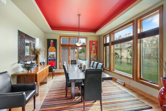 7548 Fallen Oak Dr, Verona, WI 53593 - dining area featuring light wood-type flooring, a tray ceiling, baseboards, and visible vents