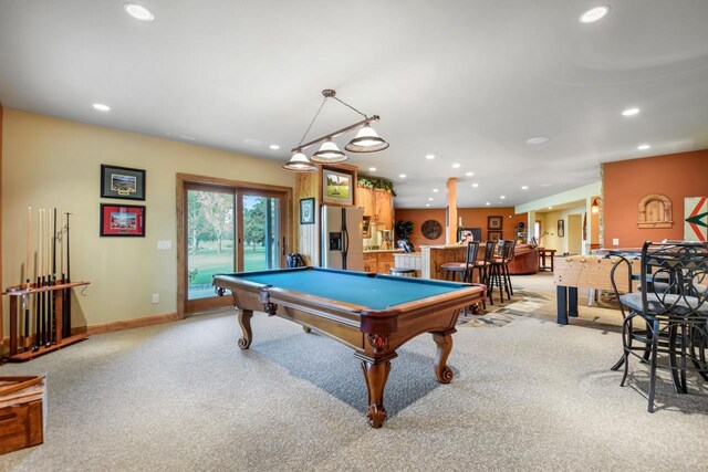 7548 Fallen Oak Dr, Verona, WI 53593 - recreation room featuring bar area, light colored carpet, recessed lighting, baseboards, and billiards