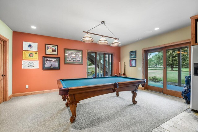7548 Fallen Oak Dr, Verona, WI 53593 - rec room featuring light colored carpet, pool table, recessed lighting, and baseboards