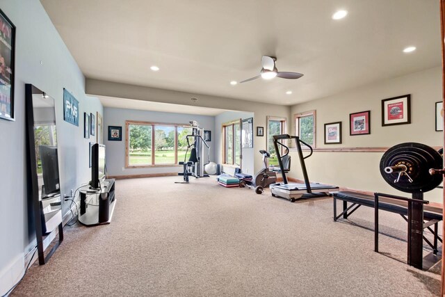 7548 Fallen Oak Dr, Verona, WI 53593 - exercise room featuring a ceiling fan, carpet, baseboards, and recessed lighting
