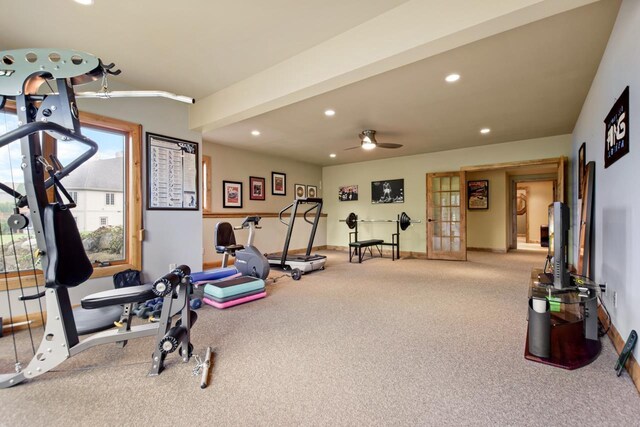 7548 Fallen Oak Dr, Verona, WI 53593 - exercise room with baseboards, carpet floors, recessed lighting, and a ceiling fan