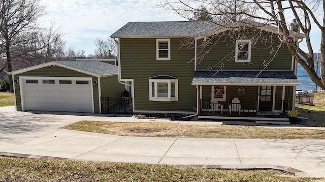 view of front of home with driveway, covered porch, an attached garage, and roof with shingles