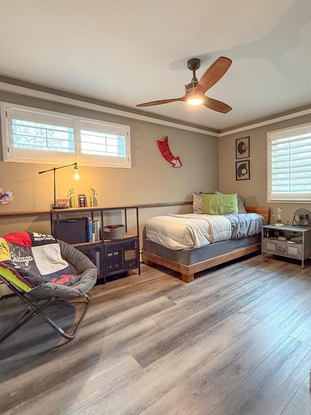 bedroom with a ceiling fan, ornamental molding, multiple windows, and wood finished floors