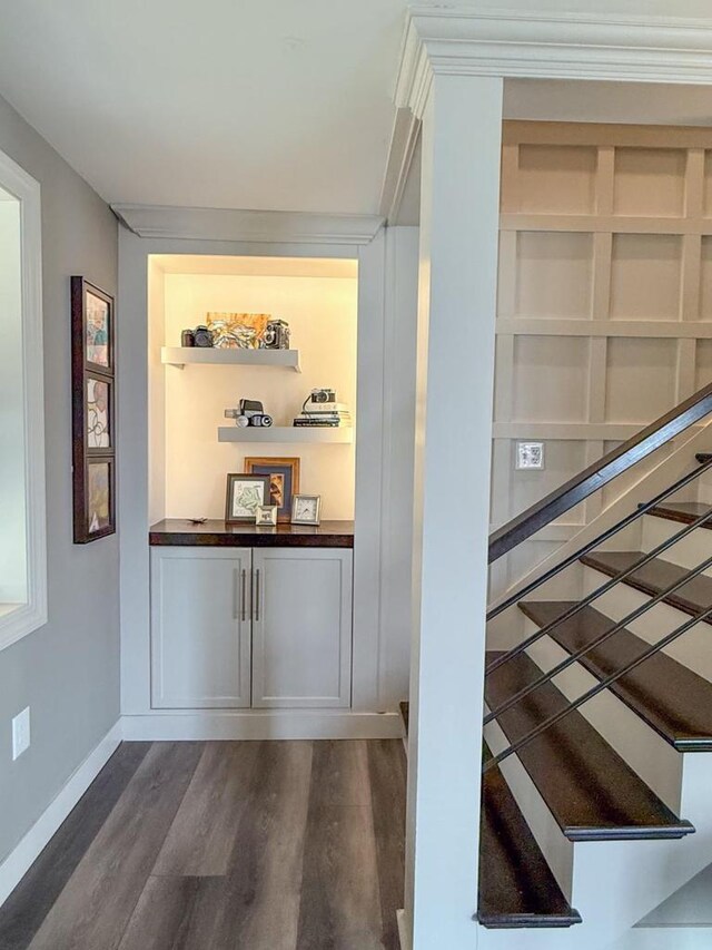 hall featuring baseboards, dark wood-style floors, and built in features