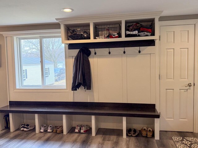 mudroom featuring wood finished floors and recessed lighting