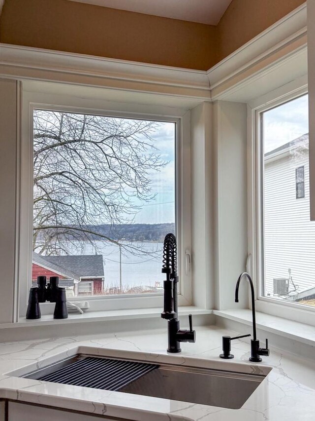 details featuring light stone counters and a sink