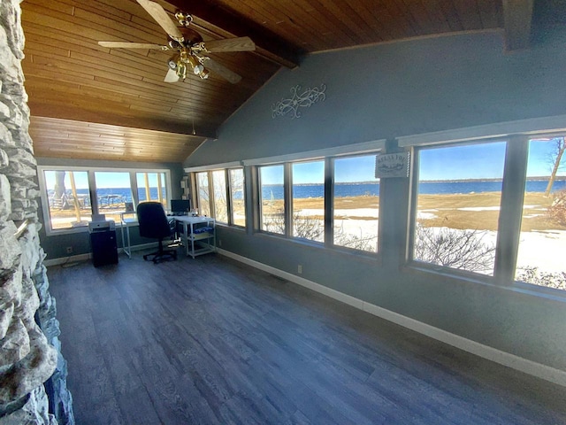 W4862 Swan Acre Dr, Cecil, WI 54111 - unfurnished office with dark wood-style flooring, lofted ceiling with beams, wooden ceiling, baseboards, and ceiling fan