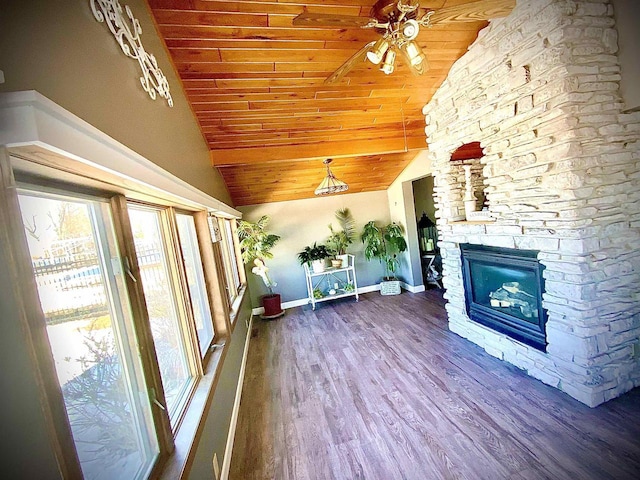 W4862 Swan Acre Dr, Cecil, WI 54111 - unfurnished living room with lofted ceiling, baseboards, a ceiling fan, a fireplace, and wood finished floors