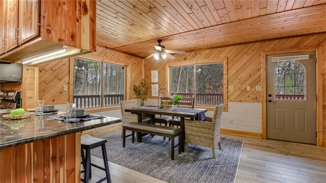 E19535 County Road Nd, Augusta, WI 54722 - dining space featuring wooden ceiling, wooden walls, light wood-style floors, and a ceiling fan