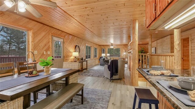 E19535 County Road Nd, Augusta, WI 54722 - dining room featuring a ceiling fan, wooden ceiling, wood walls, and light wood-type flooring