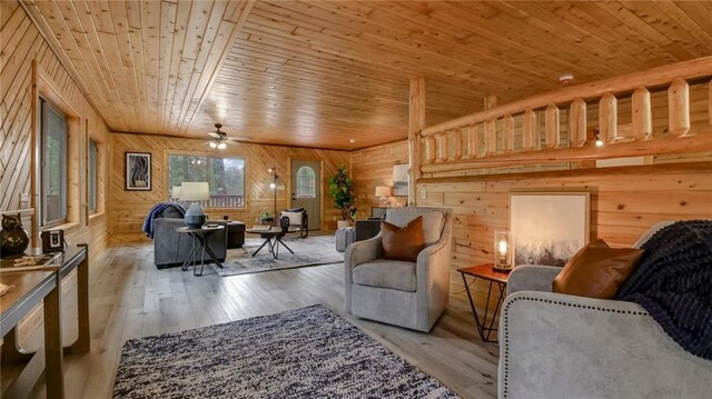 E19535 County Road Nd, Augusta, WI 54722 - living room with wood ceiling, hardwood / wood-style flooring, wood walls, and ceiling fan