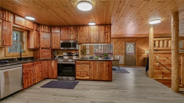 E19535 County Road Nd, Augusta, WI 54722 - kitchen featuring a sink, light wood finished floors, appliances with stainless steel finishes, brown cabinets, and dark countertops