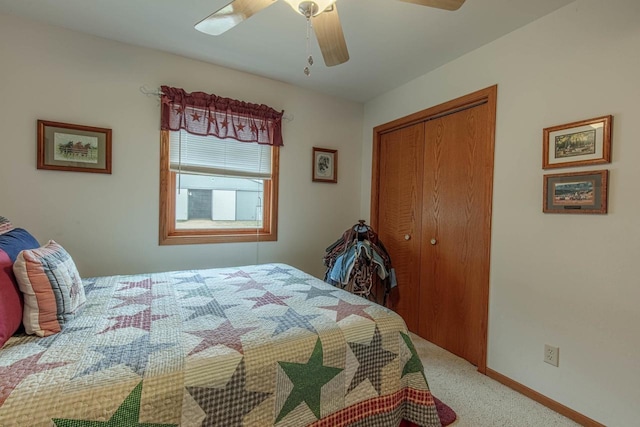 5995 Section Line Rd, Dodgeville, WI 53533 - bedroom with ceiling fan, a closet, baseboards, and carpet floors