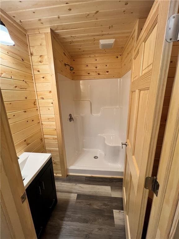5830N Mutters Rd, Stone Lake, WI 54876 - full bath featuring a stall shower, wood ceiling, vanity, wooden walls, and wood finished floors