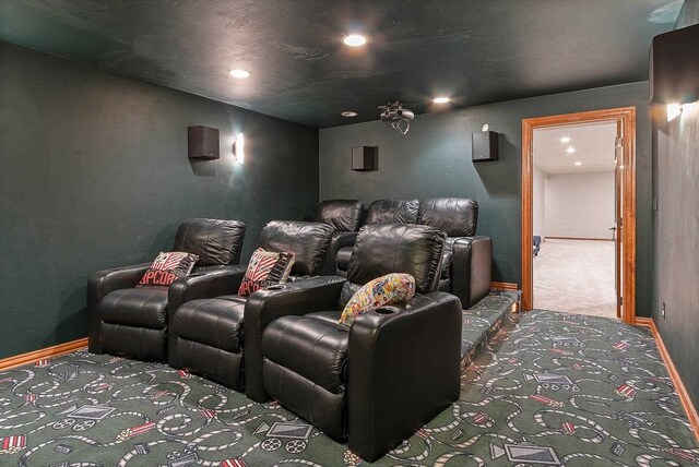home theater room with baseboards, carpet, and recessed lighting