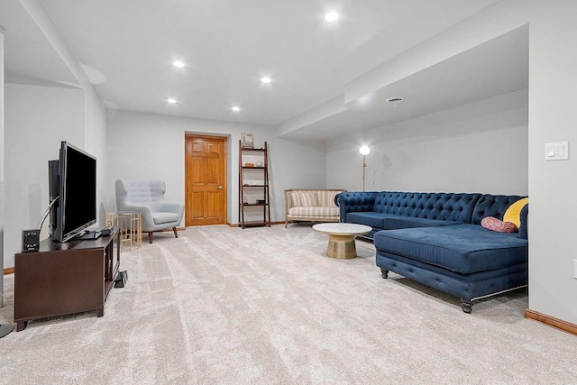 living room with light colored carpet, baseboards, and recessed lighting