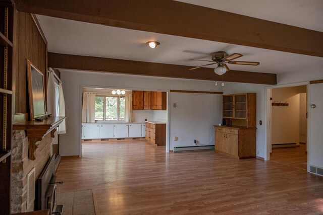 1930 Czech Ave, Arkdale, WI 54613 - unfurnished living room featuring ceiling fan, wood finished floors, and a baseboard heating unit