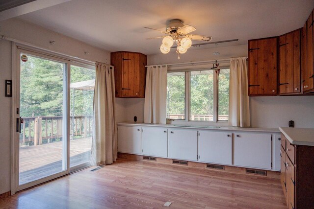 1930 Czech Ave, Arkdale, WI 54613 - kitchen with light countertops, a ceiling fan, light wood finished floors, visible vents, and a healthy amount of sunlight