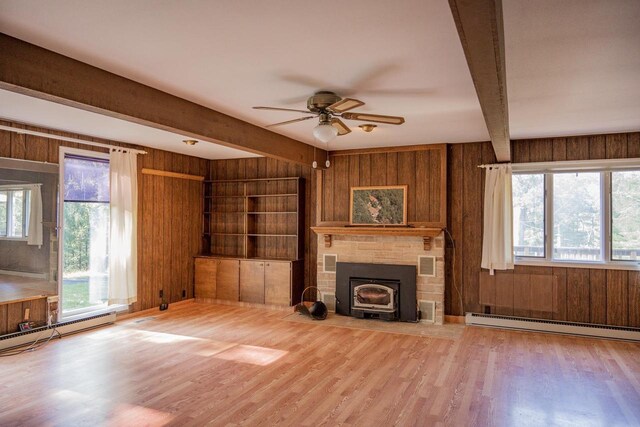 1930 Czech Ave, Arkdale, WI 54613 - unfurnished living room featuring wood finished floors, wood walls, beamed ceiling, and baseboard heating