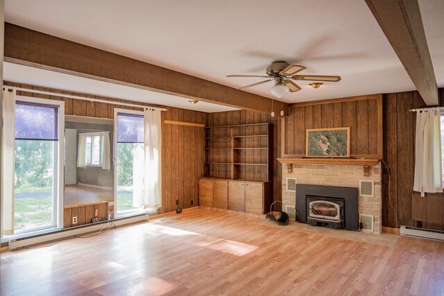 1930 Czech Ave, Arkdale, WI 54613 - unfurnished living room with beamed ceiling, wood walls, baseboard heating, and wood finished floors