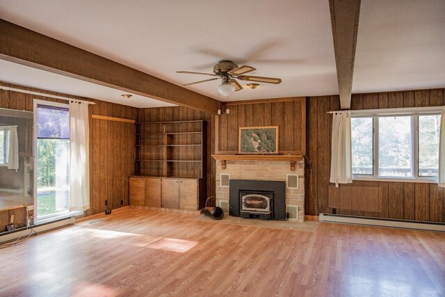 1930 Czech Ave, Arkdale, WI 54613 - unfurnished living room with beam ceiling, wood walls, and a baseboard heating unit