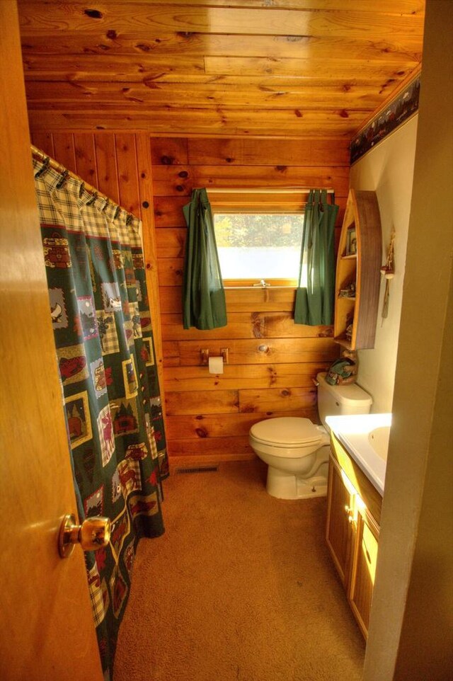 N16180 Deerfield Dr, Nekoosa, WI 54457 - full bath featuring wood walls, toilet, vanity, a shower with curtain, and wood ceiling