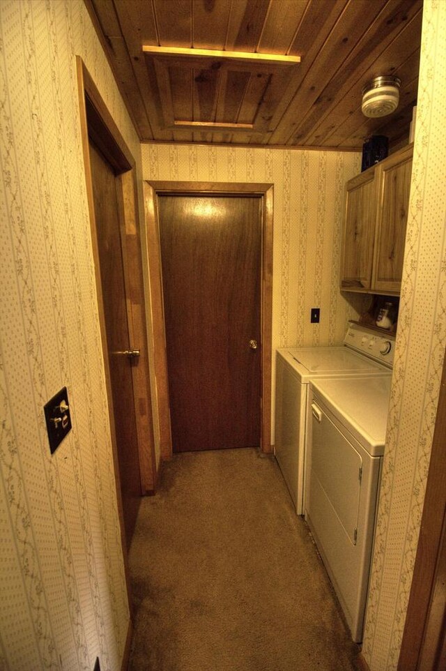 N16180 Deerfield Dr, Nekoosa, WI 54457 - corridor featuring light colored carpet, wallpapered walls, washer and dryer, and wood ceiling