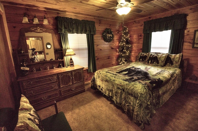 N16180 Deerfield Dr, Nekoosa, WI 54457 - carpeted bedroom with a ceiling fan, wood walls, and wood ceiling