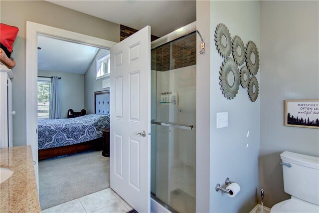 4884 Priory Rd, Eau Claire, WI 54701 - full bath with tile patterned flooring, lofted ceiling, toilet, a shower stall, and ensuite bathroom