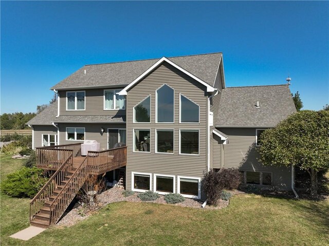 4884 Priory Rd, Eau Claire, WI 54701 - rear view of property with a lawn, stairs, a shingled roof, and a deck
