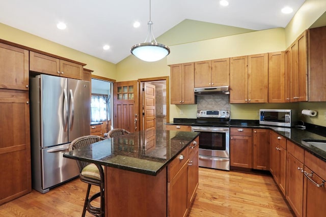 W512 Hafs Rd, Genoa City, WI 53128 - kitchen with stainless steel appliances, a breakfast bar, under cabinet range hood, and light wood finished floors