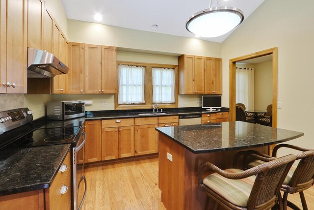 W512 Hafs Rd, Genoa City, WI 53128 - kitchen with a kitchen breakfast bar, lofted ceiling, stainless steel appliances, under cabinet range hood, and a sink