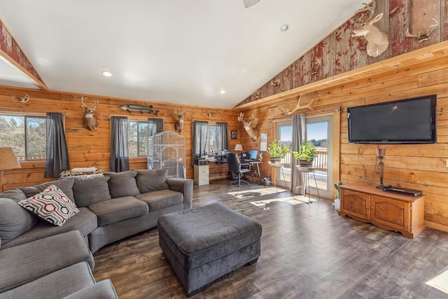 N9805 County Road Aa, Portage, WI 53901 - living area featuring healthy amount of natural light, lofted ceiling, wooden walls, wood finished floors, and an office area