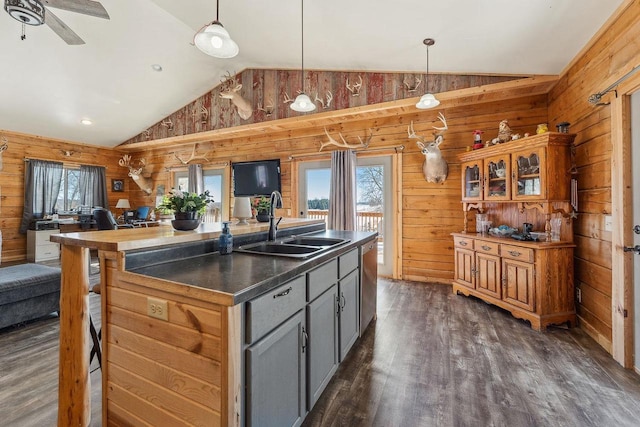 N9805 County Road Aa, Portage, WI 53901 - kitchen with lofted ceiling, a sink, wooden walls, gray cabinetry, and dark wood-style floors