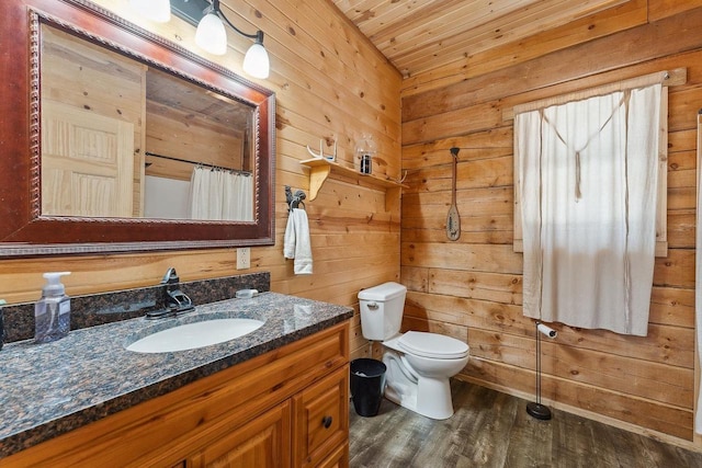 N9805 County Road Aa, Portage, WI 53901 - bathroom featuring wooden walls, wood finished floors, vanity, toilet, and wood ceiling