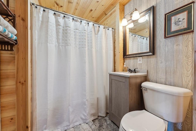 N9805 County Road Aa, Portage, WI 53901 - bathroom with toilet, vanity, curtained shower, wood finished floors, and wood walls