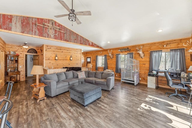 N9805 County Road Aa, Portage, WI 53901 - living area with wooden walls, wood finished floors, ceiling fan, a desk, and high vaulted ceiling
