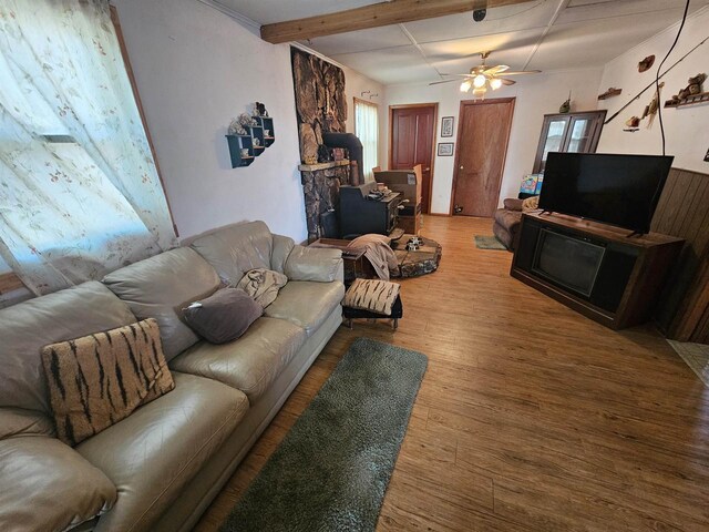 N2709 Lakeshore Dr, Montello, WI 53949 - living room featuring wood finished floors, a ceiling fan, and beam ceiling