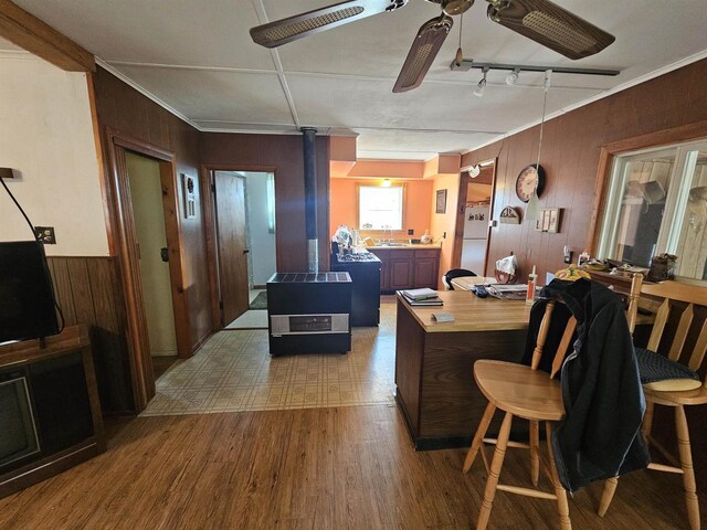 N2709 Lakeshore Dr, Montello, WI 53949 - interior space with ceiling fan, crown molding, wooden walls, and wood finished floors